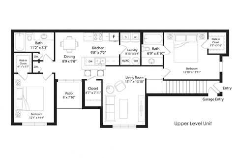 Floor plan for 2 beds, 2 baths, 1260 sqft